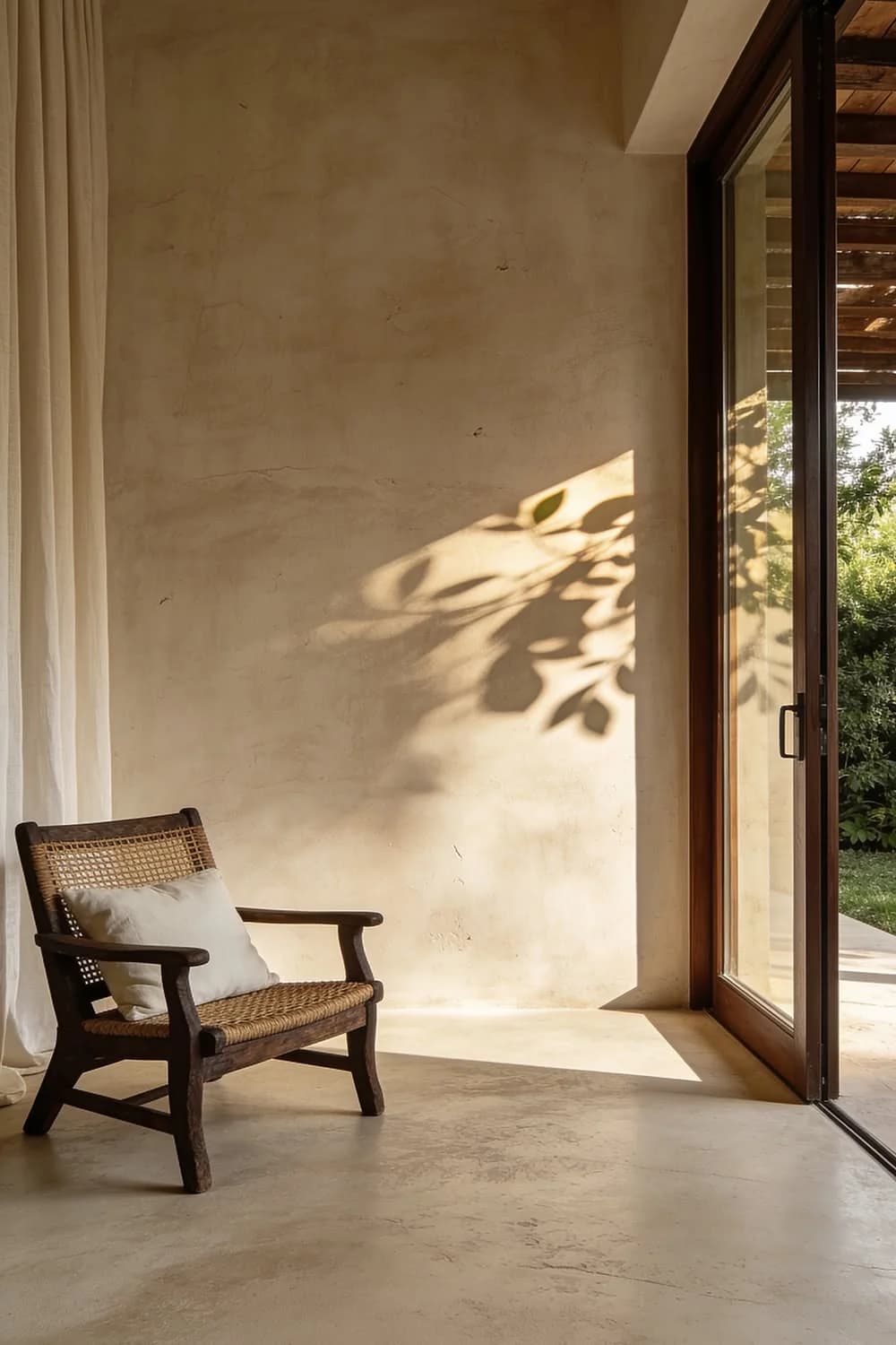 Rincón con pared de yeso color arena iluminada por el sol y sombras de hojas, un sillón de madera oscura con asiento de ratán y una puerta de vidrio al jardín