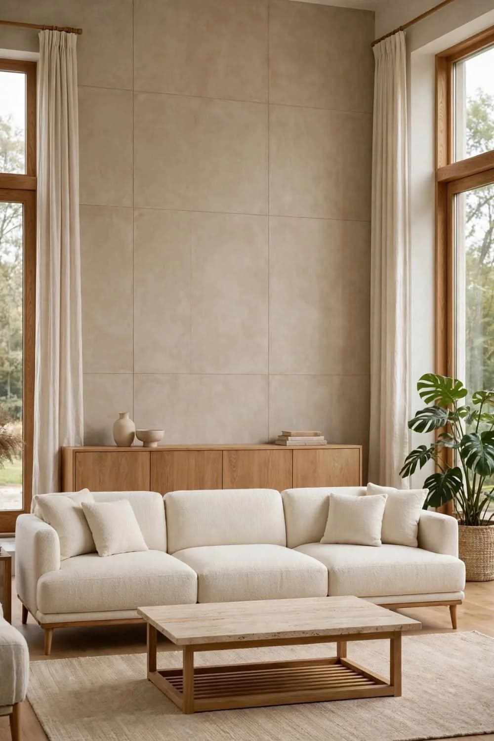 Sala con paredes de textura arena, sofá blanco, mesa de centro de madera clara, credenza de madera y ventanas altas con cortinas de lino