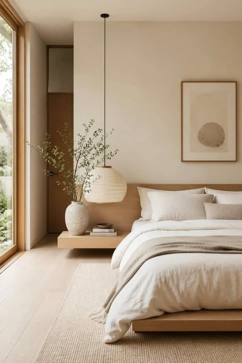 Recámara minimalista cálida con cama baja de madera clara, ropa de cama de lino blanco, lámpara de papel colgante, un jarrón con ramas y un cuadro abstracto