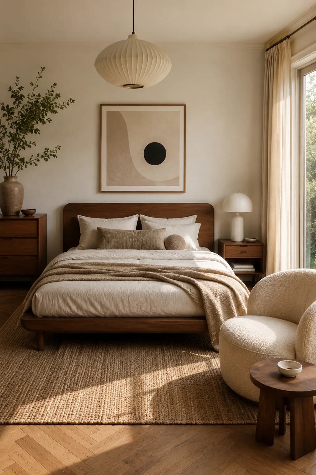 Recámara con cama de nogal, ropa de cama crema y café, cuadro con un círculo negro, lámpara de papel, sillón bouclé y tapete de yute