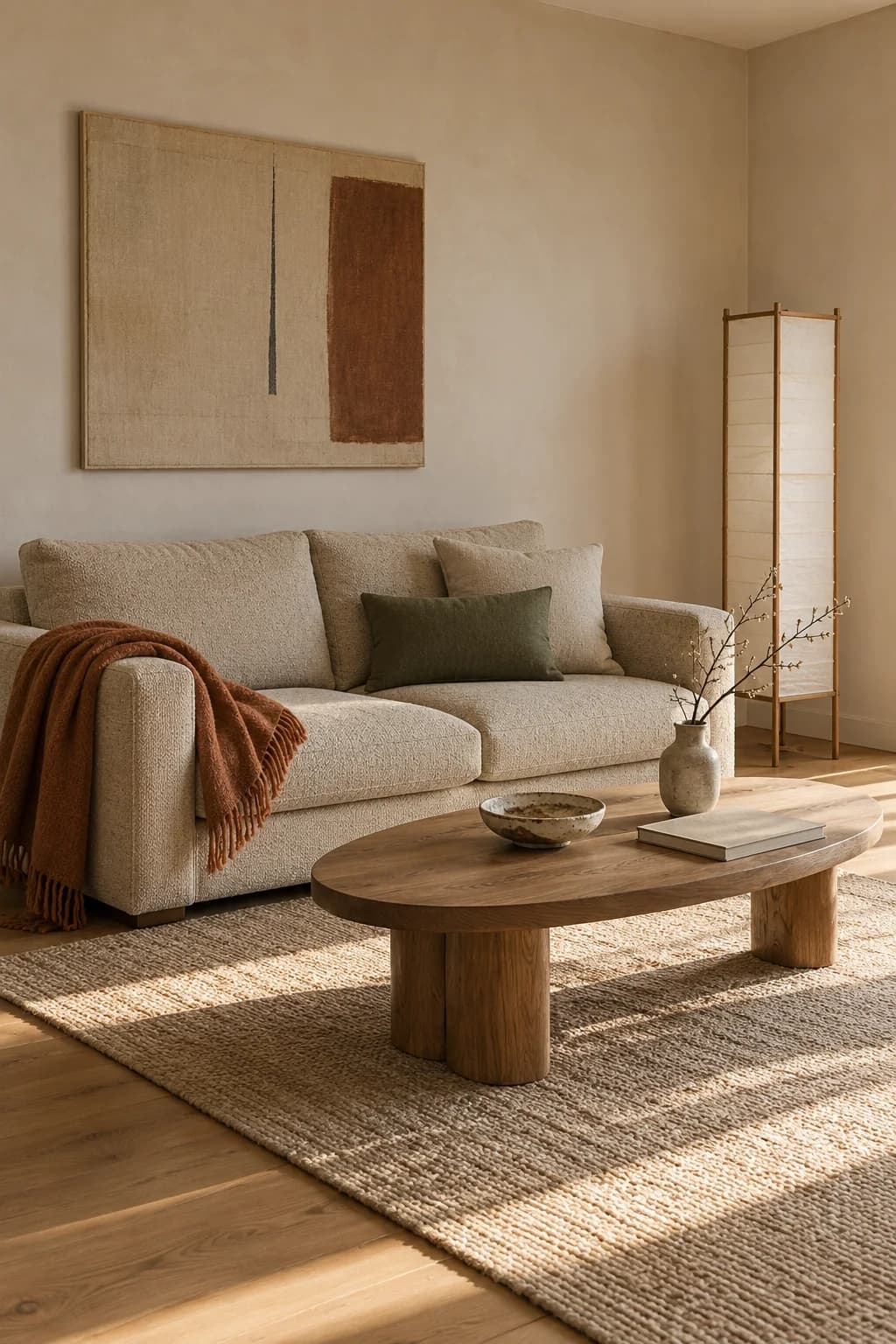 Sala minimalista cálida con sofá beige, una manta color óxido, un cojín verde, mesa de centro ovalada de madera, tapete de yute y un cuadro abstracto en tonos tierra