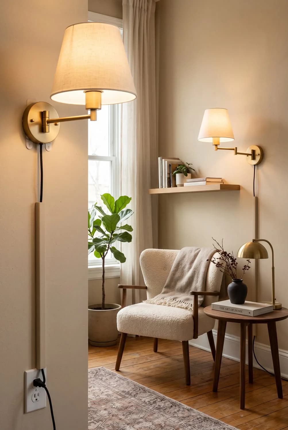 Aplique de latón con pantalla de tela conectado a un contacto con el cable a la vista, junto a un sillón de lectura y una repisa