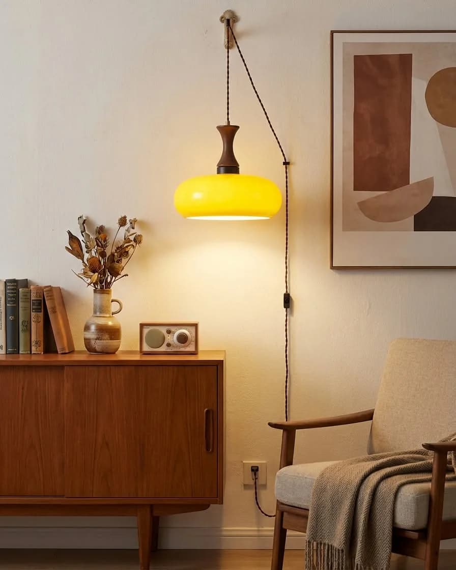 Lámpara colgante de vidrio amarillo colgada de un gancho con el cable hasta el contacto, sobre un mueble de madera