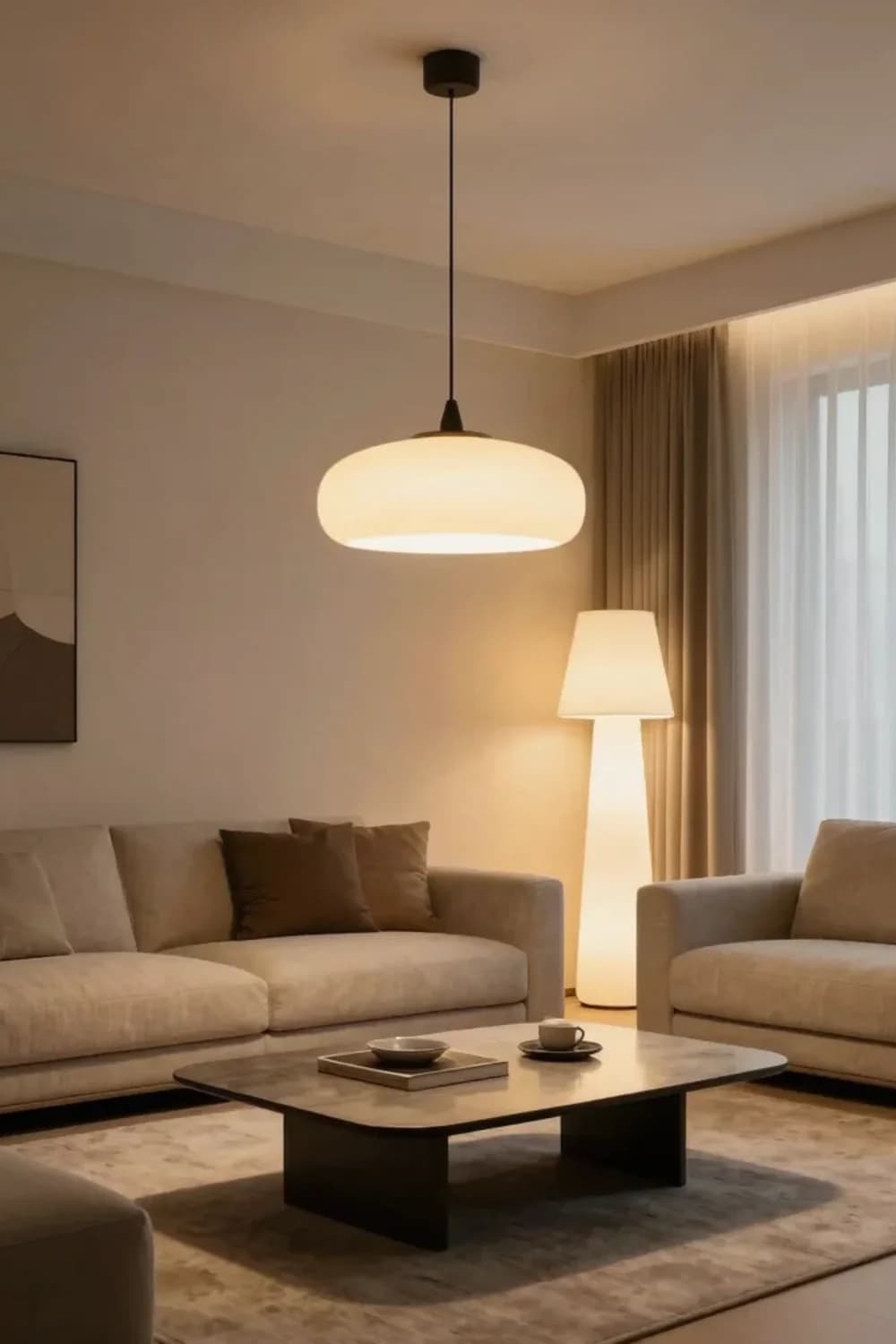Sala en tonos beige con una lámpara colgante de pantalla ancha sobre la mesa de centro y una lámpara de piso de luz difusa