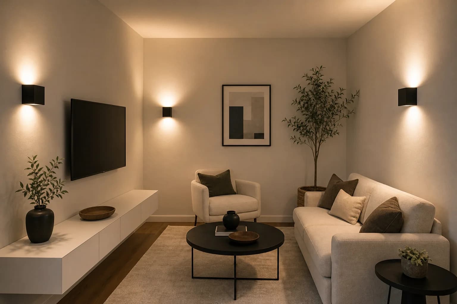 Sala pequeña iluminada con apliques negros de pared que lanzan luz cálida hacia arriba y hacia abajo, sofá claro y mesa de centro negra