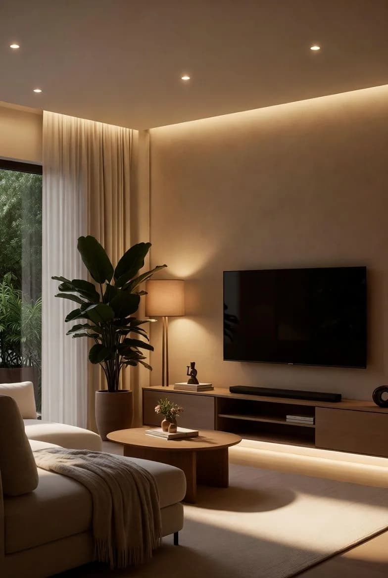 Sala con luz indirecta cálida en el techo y debajo del mueble de la televisión, lámpara de pie y planta grande