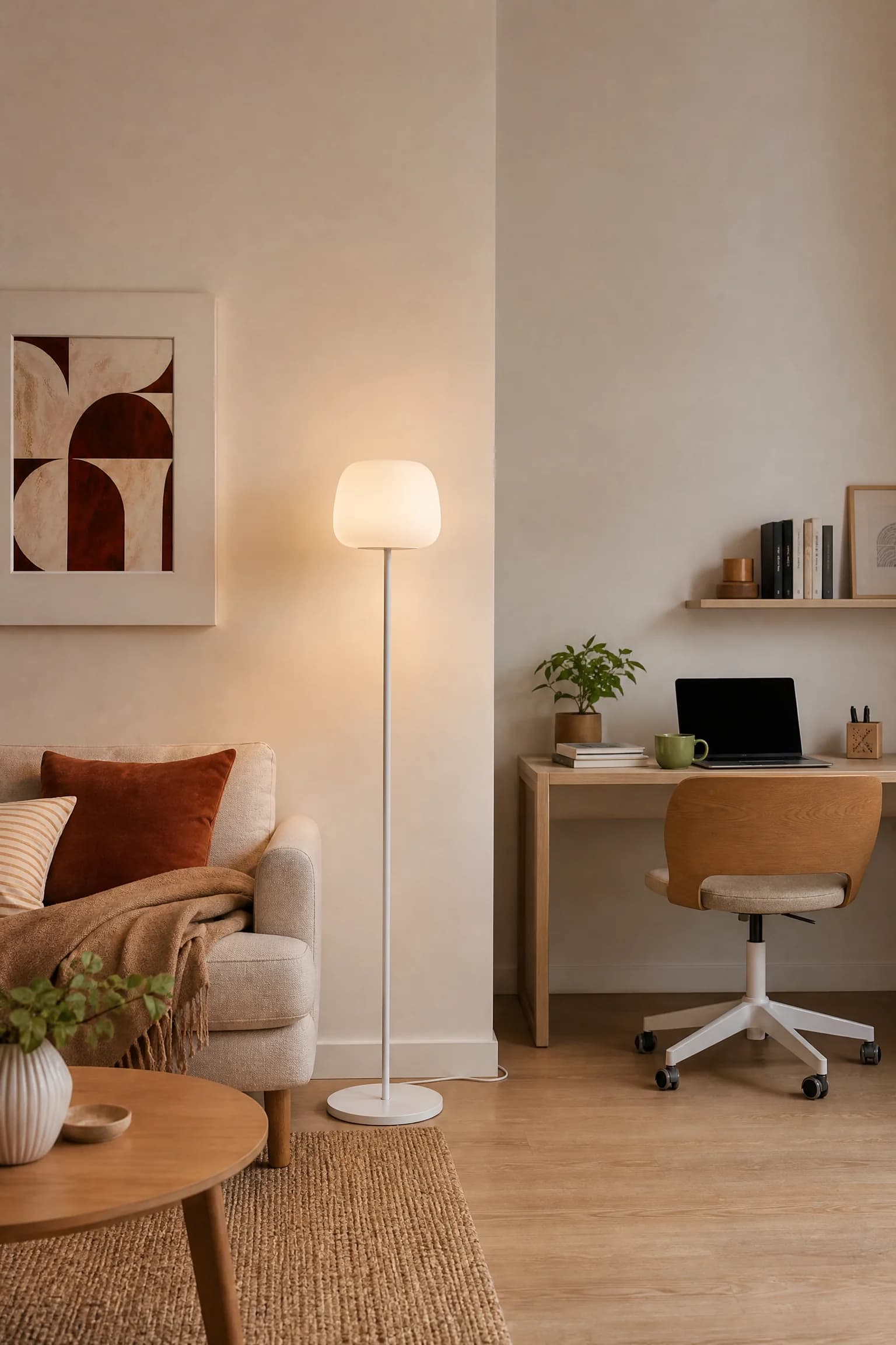 Lámpara de pie con globo blanco entre un sillón y un escritorio pequeño en un cuarto de tonos claros