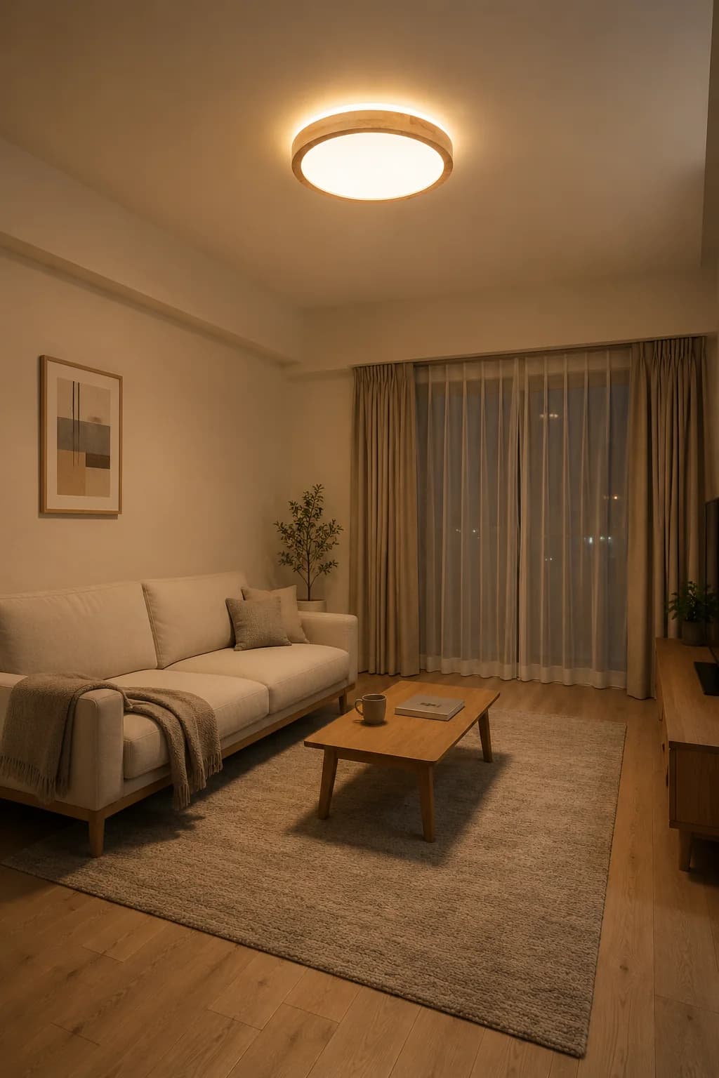 Sala pequeña con un plafón redondo de madera y luz cálida en el techo, sofá beige y cortinas