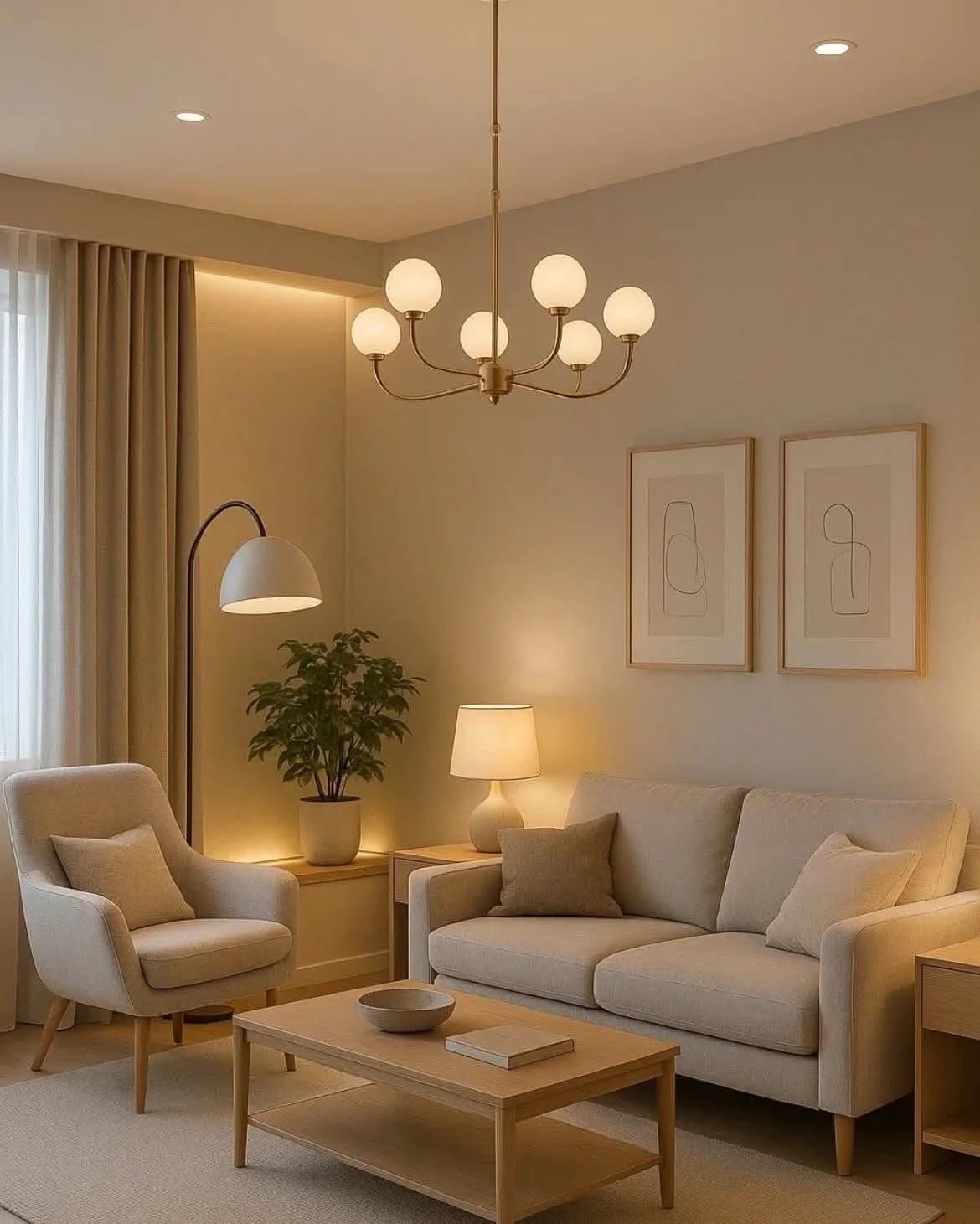 Sala pequeña con candil de globos al centro, lámpara de pie de arco junto a un sillón y lámpara de mesa junto al sofá beige
