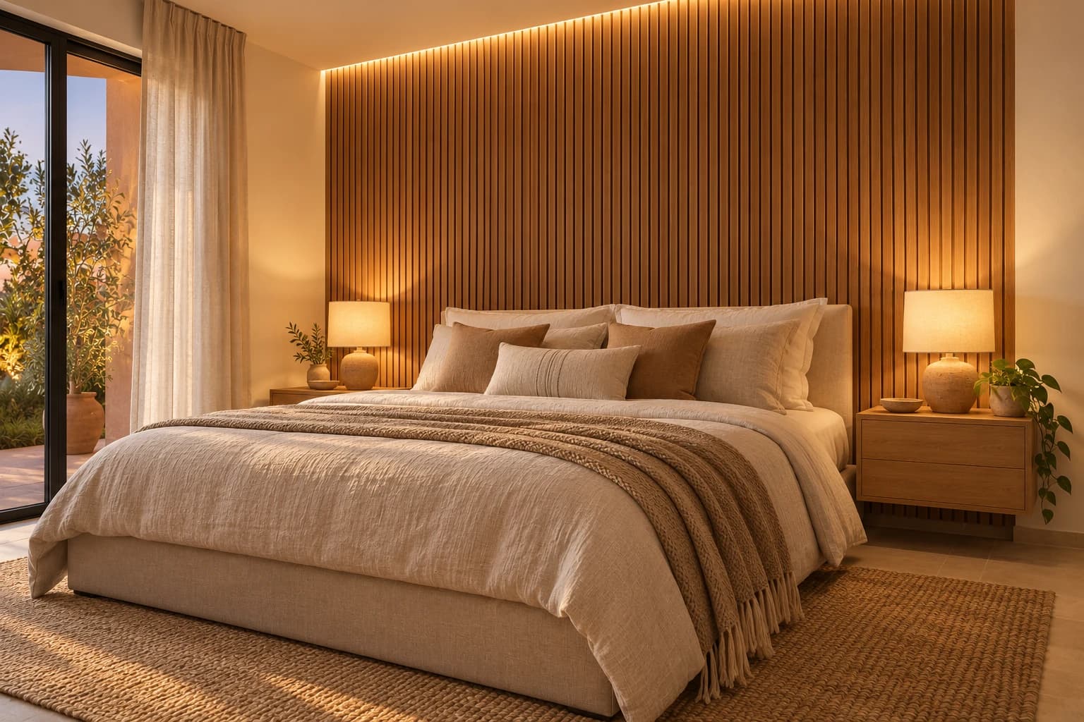 Recámara con lambrín ranurado en tono madera detrás de la cama y tira LED cálida en el borde superior