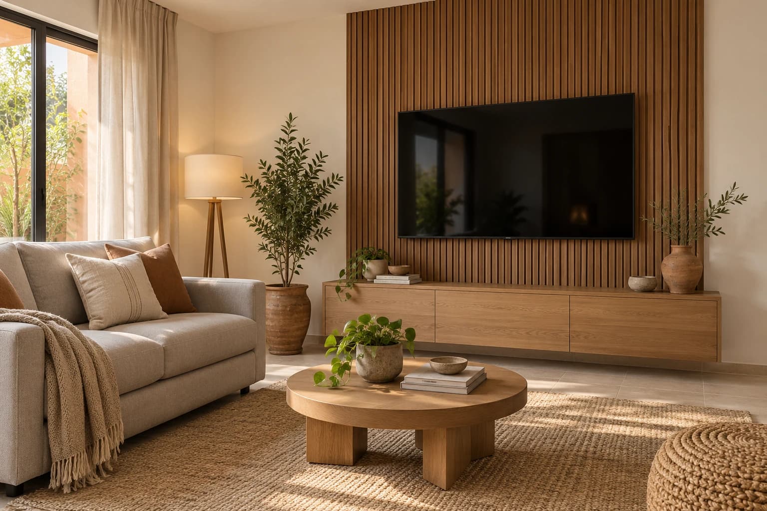 Sala con una franja de lambrín ranurado en tono madera detrás de la TV, mueble bajo de madera y sofá gris
