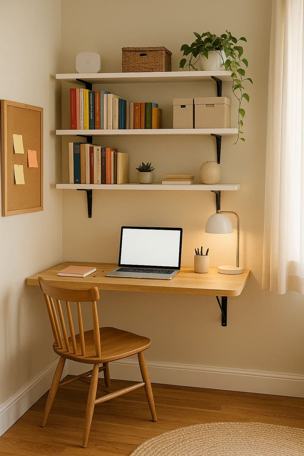 Rincón con un escritorio de madera sobre ménsulas negras, tres repisas blancas con libros, cajas y una planta, una silla de madera y un tablero de corcho