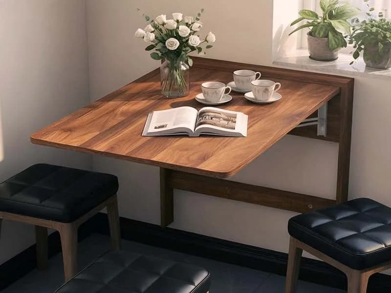 Mesa abatible de madera fija a la pared con soporte plegable, puesta con tazas, un libro y un florero, y dos bancos tapizados en negro