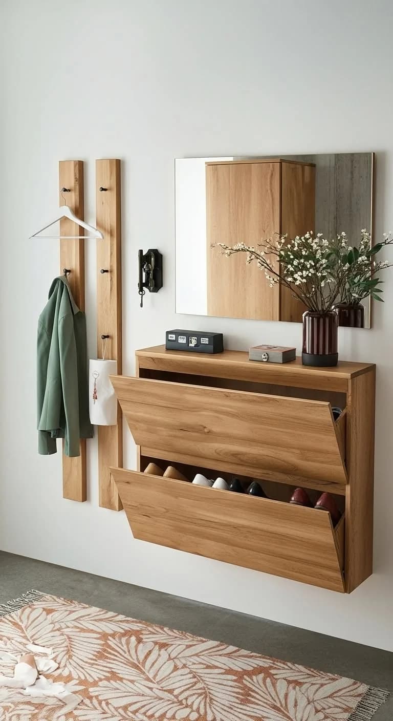 Entrada con una zapatera abatible de madera colgada en la pared, dos tiras de madera con ganchos y un abrigo, y un espejo rectangular