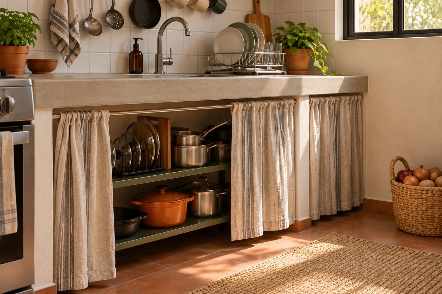 Cortina de tela bajo la barra de la cocina, entreabierta, con ollas y sartenes ordenadas en repisas