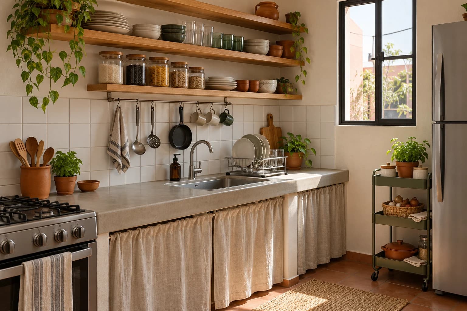 Cocina pequeña sin gabinetes con repisas abiertas, frascos, riel con ganchos, cortinas bajo la barra y carrito junto al refrigerador