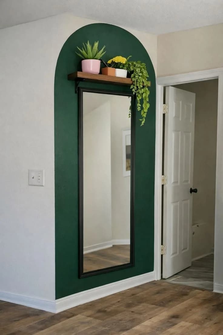 Arco pintado en verde botella que enmarca un espejo de cuerpo entero con marco negro y una repisa con plantas arriba