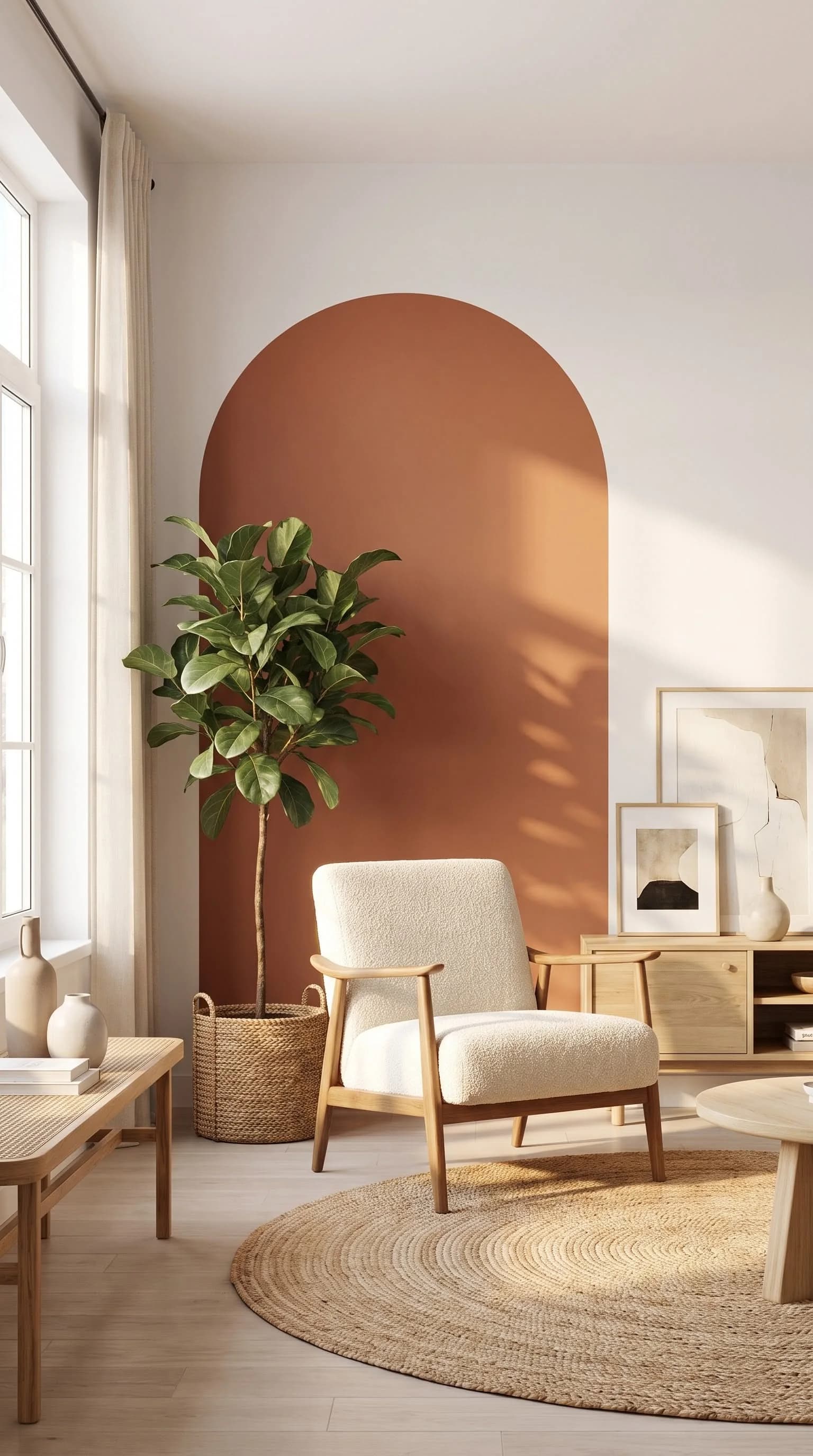 Rincón de sala con un arco terracota pintado detrás de un sillón blanco y un ficus en canasta, con un tapete redondo de yute