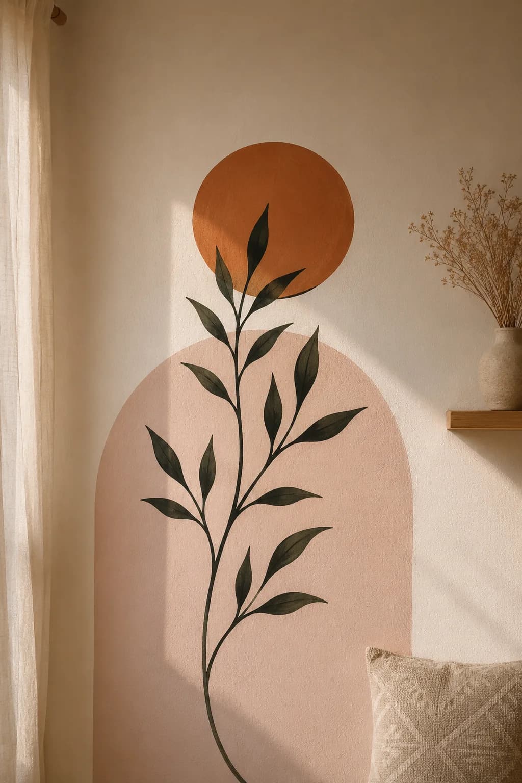 Pared con un arco rosa claro, un círculo terracota y una rama oscura con hojas pintada encima, junto a un cojín tejido