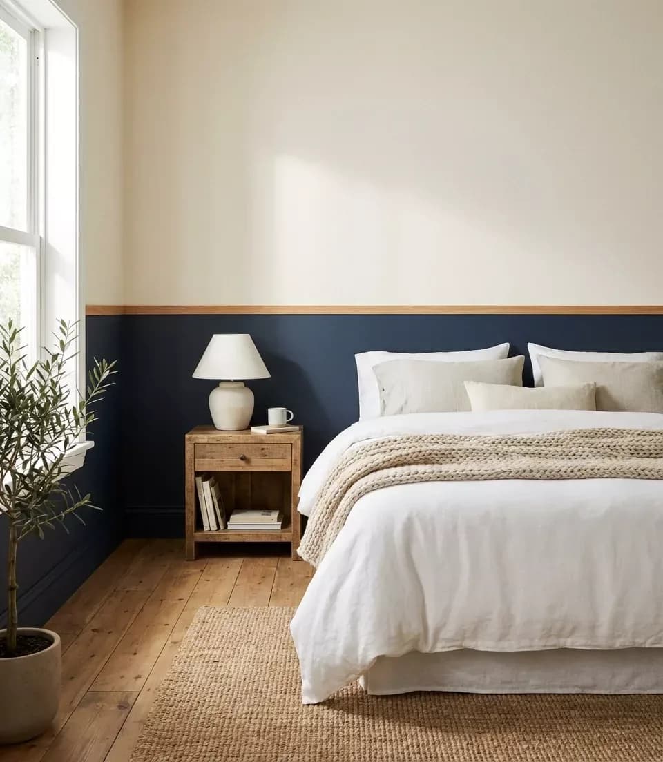 Recámara con la parte baja de la pared en azul marino rematada con una moldura de madera, cama con ropa blanca y buró de madera