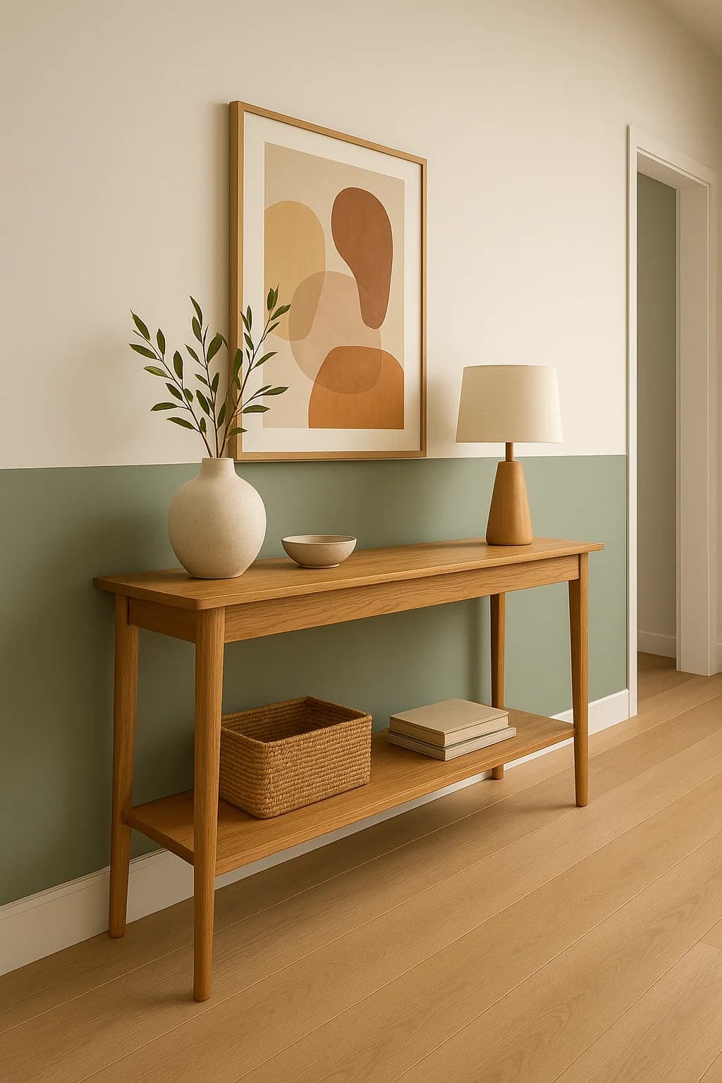 Recibidor con la mitad inferior de la pared en verde salvia y la superior en crema, una consola de madera con un jarrón, una lámpara y un cuadro abstracto
