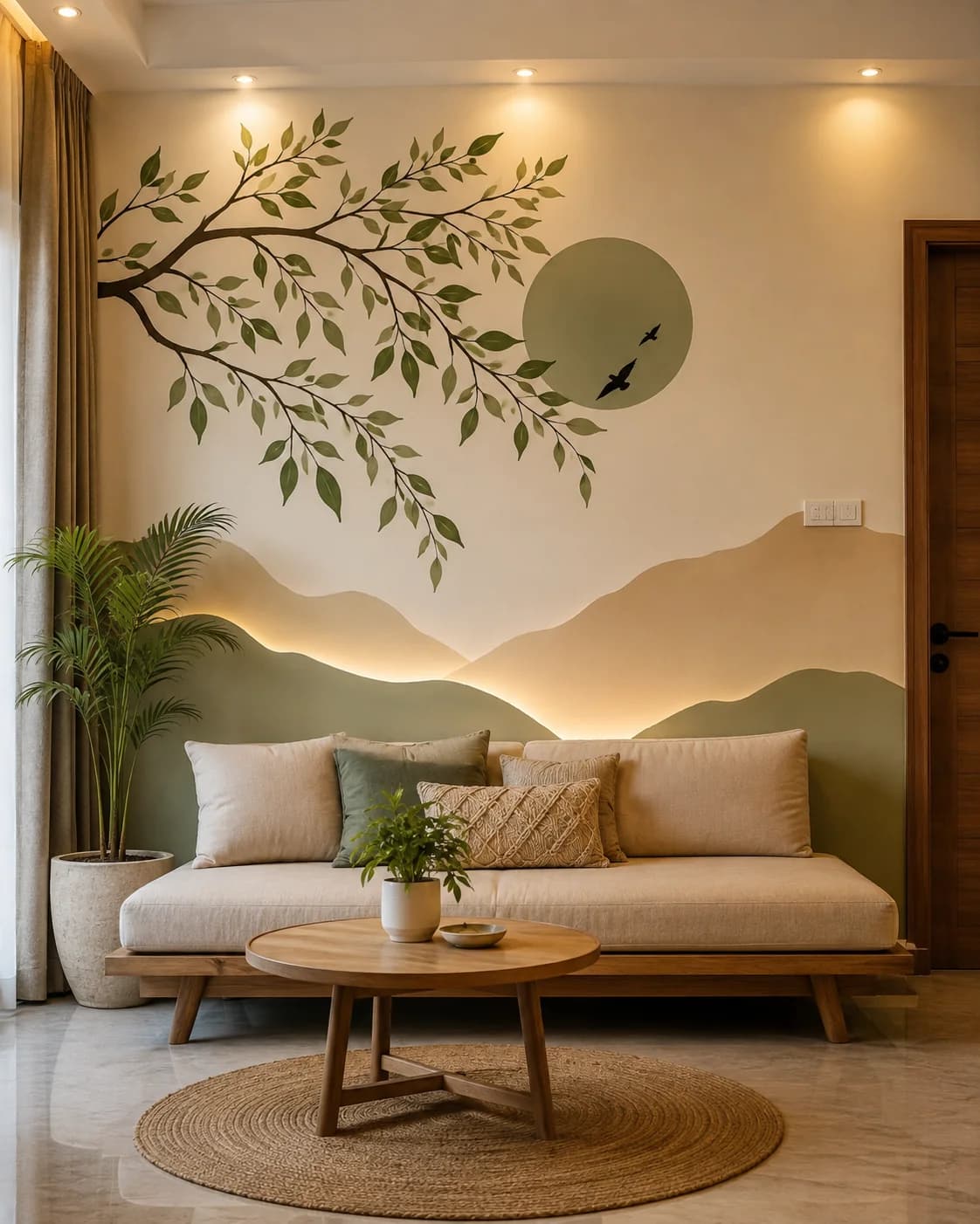 Sala con un mural de cerros en capas verde y arena, una rama con hojas y un círculo verde con pájaros pintados sobre un sofá bajo de madera