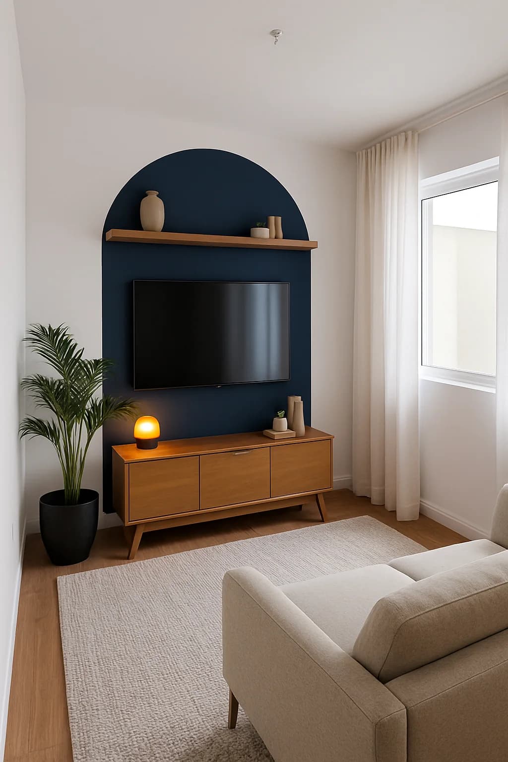 Sala con un arco pintado en azul marino detrás del televisor, una repisa de madera dentro del arco, un mueble de madera con lámpara y una planta