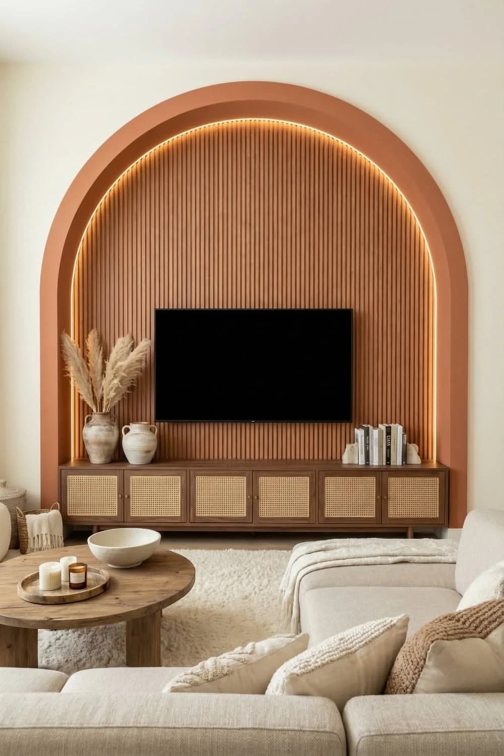 Arco terracota con lambrín vertical e iluminación LED en el borde, con la tele adentro, un mueble de madera con ratán y una sala en tonos crema