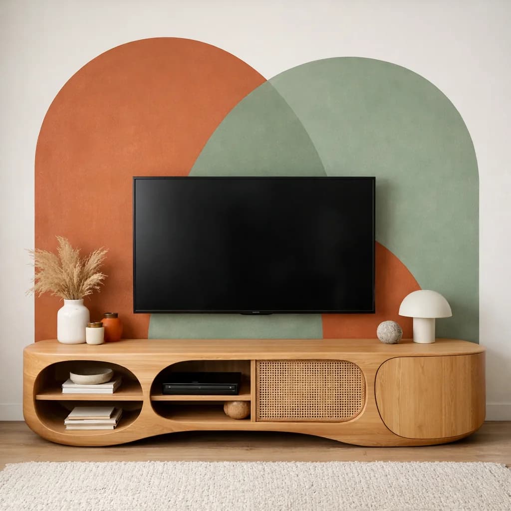 Pared con dos arcos pintados que se enciman, uno terracota y uno verde salvia, detrás de un televisor sobre un mueble curvo de madera con ratán