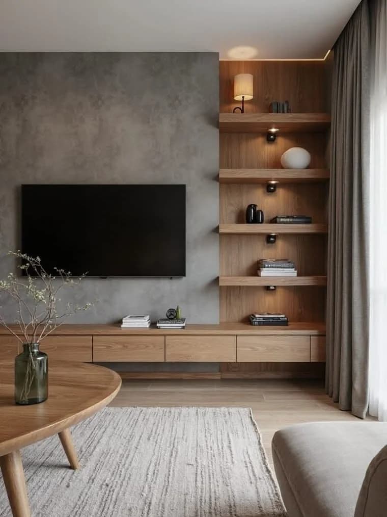 Pared de televisión con acabado gris tipo concreto, repisas de madera iluminadas a un lado, un mueble bajo de madera y un tapete claro