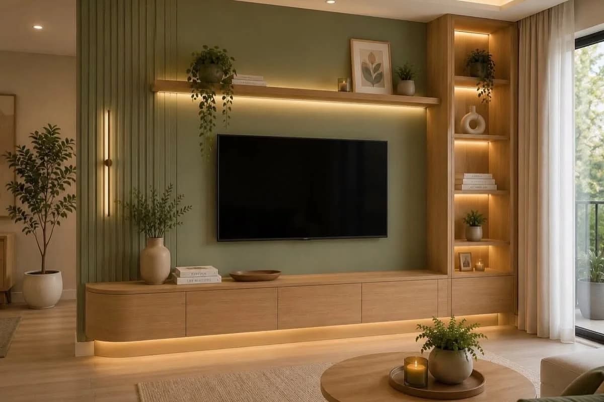Sala con pared de televisión en verde salvia con lambrín a un lado, repisa de madera iluminada sobre la tele, nichos de madera con luz y mueble flotante largo