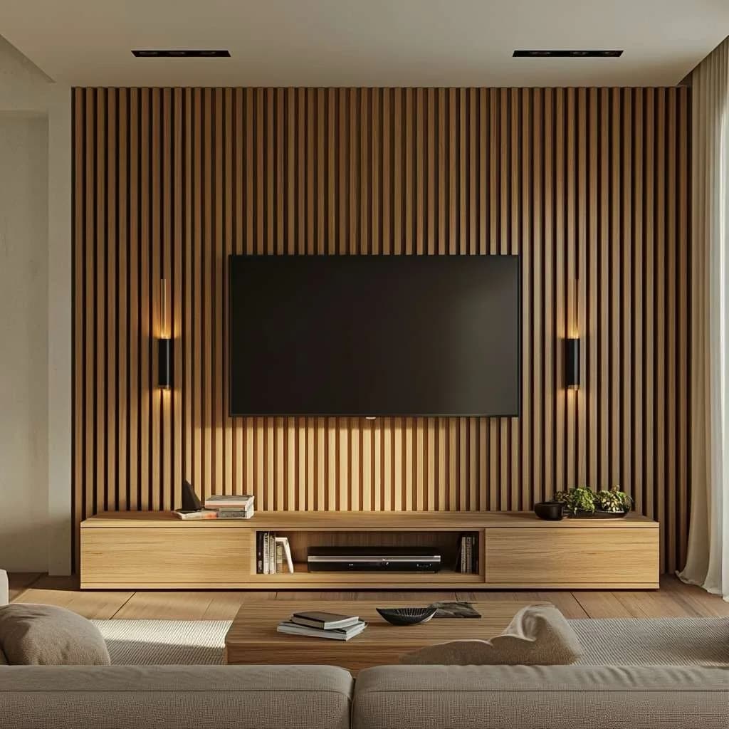 Pared completa de lambrín de madera oscura detrás de un televisor con dos apliques negros a los lados y un mueble bajo de madera clara