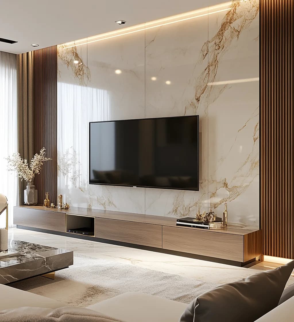 Sala con pared de televisión de mármol claro con vetas doradas, lambrín de madera a un lado, un mueble flotante de madera y luz en el techo