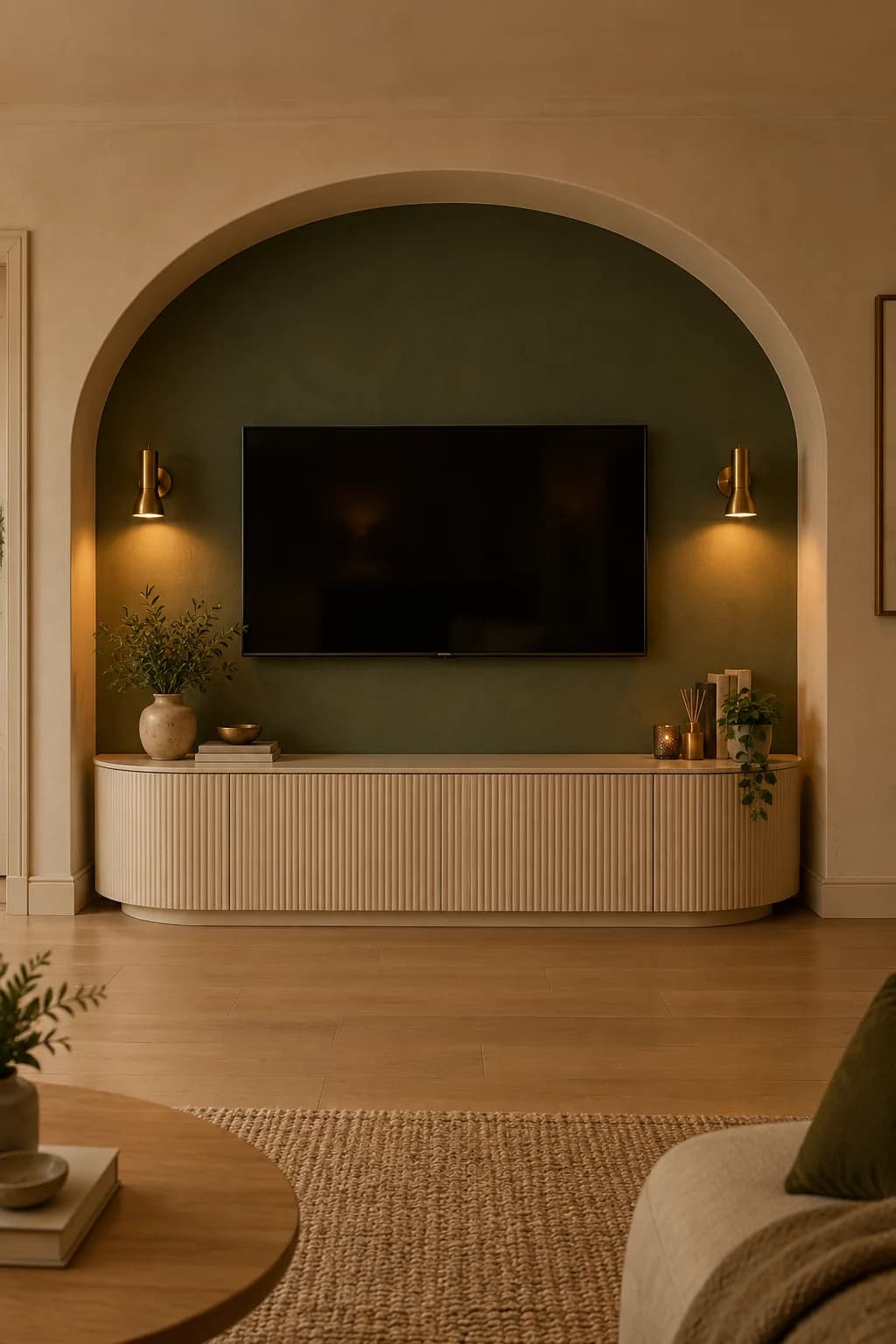 Nicho en forma de arco pintado en verde olivo con la tele adentro, dos apliques de luz cálida a los lados y un mueble curvo color crema