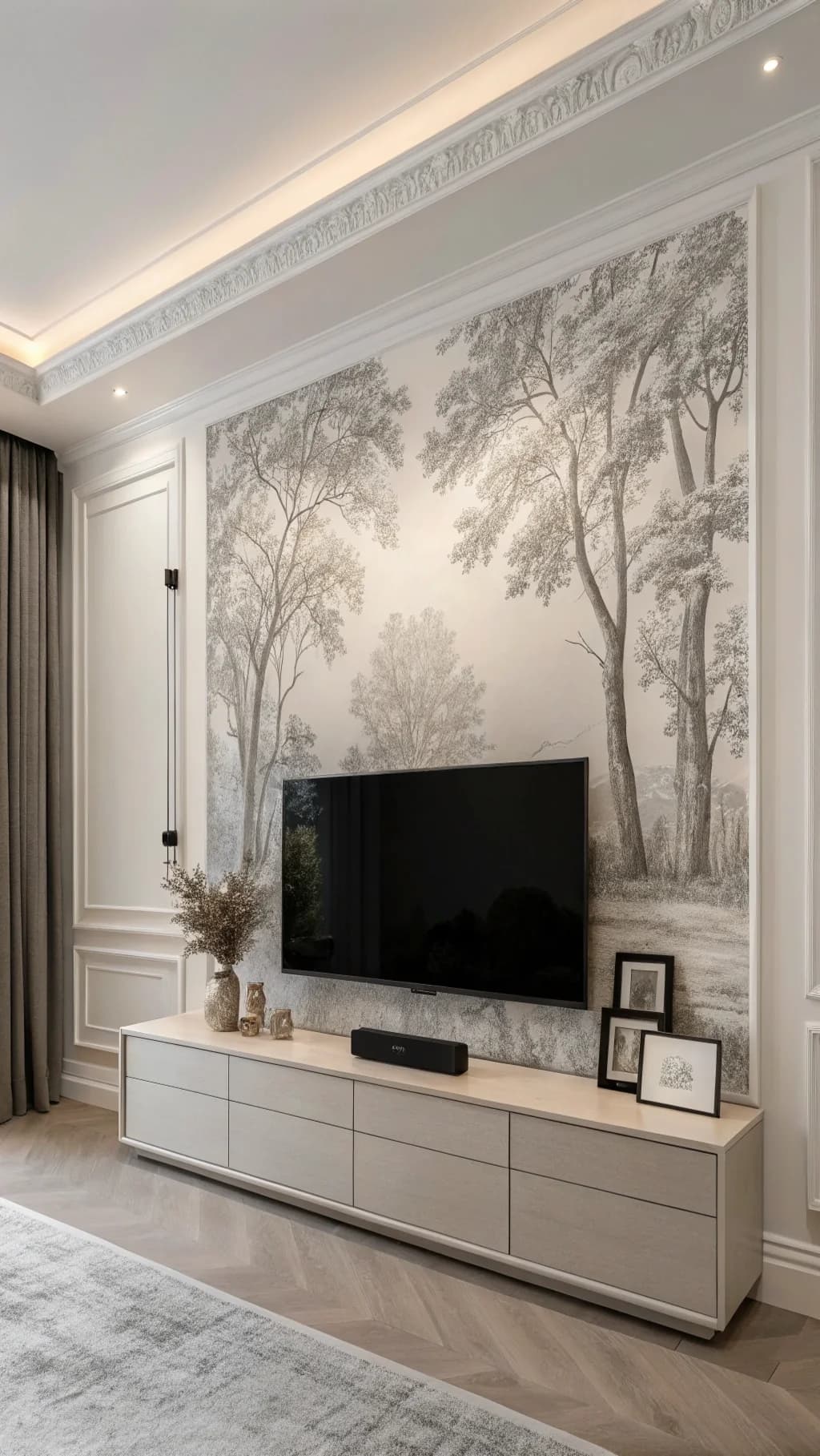Pared de televisión con papel tapiz de árboles en tonos grises, molduras blancas, un mueble claro bajo la tele y un taburete con una lámpara