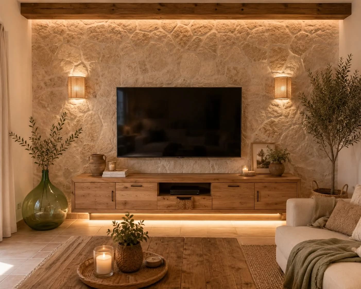 Pared de piedra clara iluminada por dos apliques de fibra natural, con un televisor y un mueble de madera rústica con luz debajo, un olivo y un jarrón verde