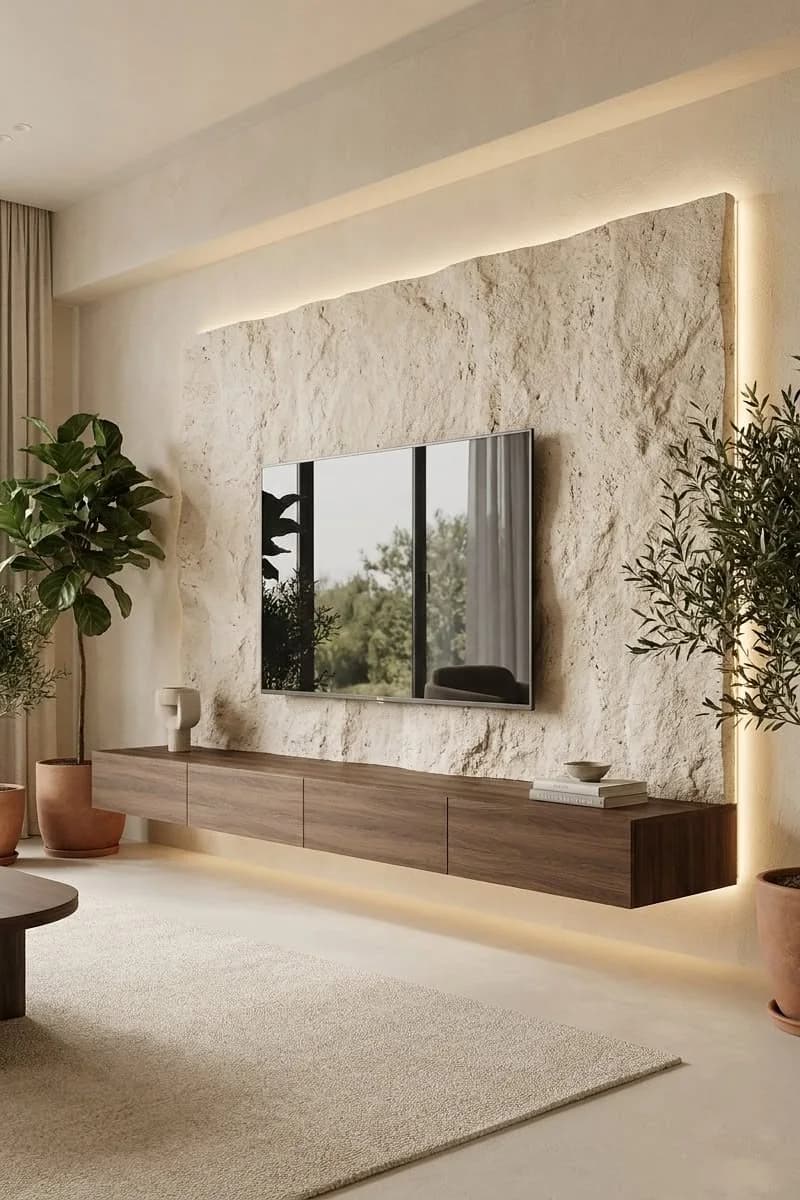 Panel de piedra blanca con textura irregular e iluminación oculta detrás de un televisor, con un mueble flotante de madera oscura y plantas