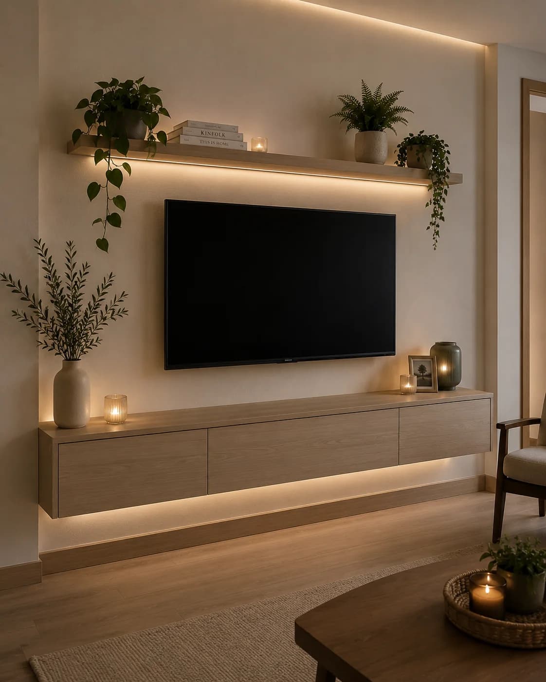 Pared clara con una repisa de madera iluminada sobre el televisor con plantas colgantes, libros y macetas, y un mueble flotante con luz debajo