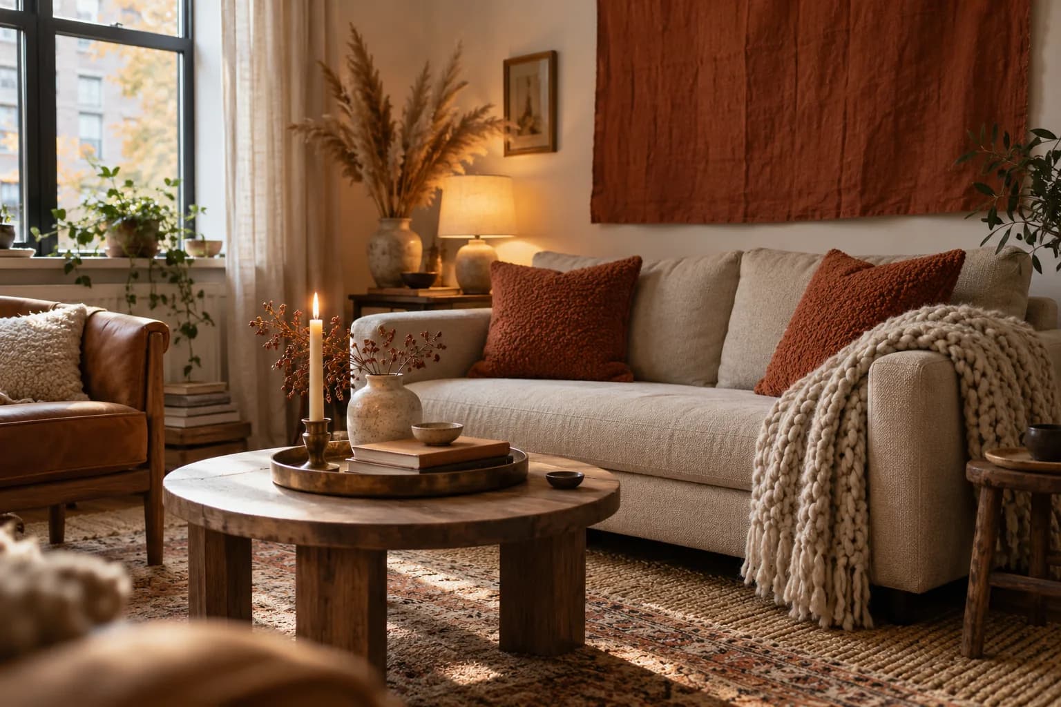 Small apartment living room styled for fall with a chunky throw, rust pillows, dried pampas and a rust linen wall hanging