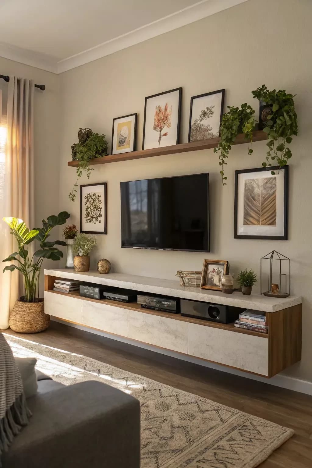 TV wall with a wooden picture ledge above the TV holding four framed botanical prints and plants, two more frames on either side of the TV and a cream floating media unit below