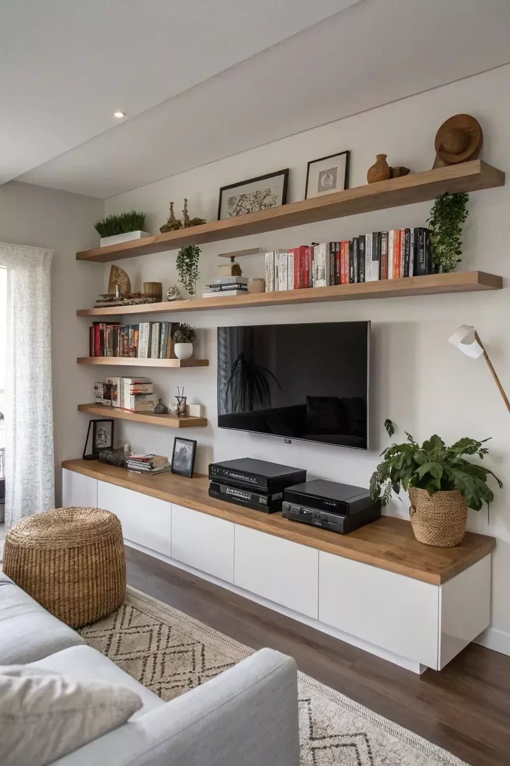 Living room wall with three long wooden floating shelves full of books, plants and frames running over and around a wall-mounted TV, with a white and wood media unit and a woven pouf