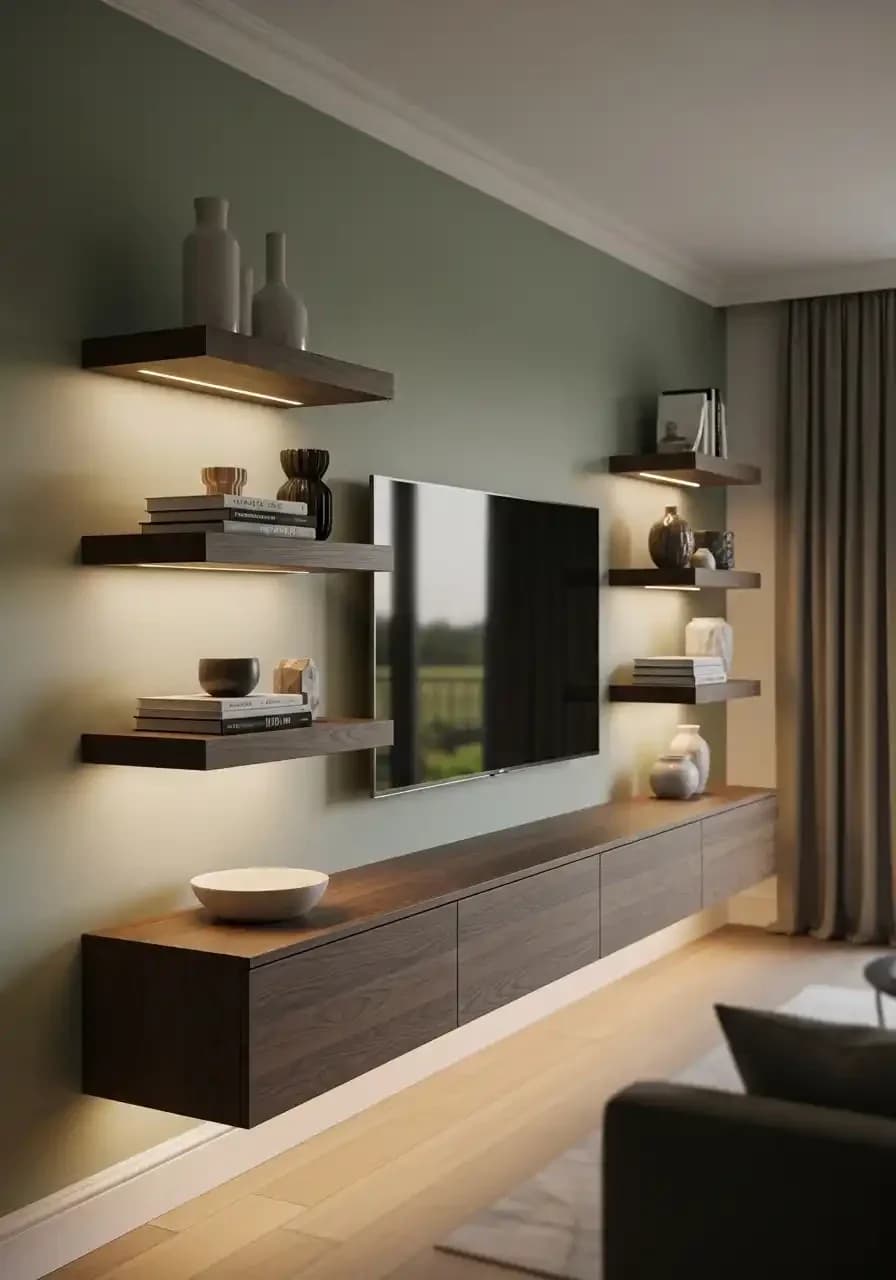 Sage green TV wall with dark wood floating shelves stacked on both sides of the TV holding books and ceramic vases, lit from below, above a long dark floating cabinet