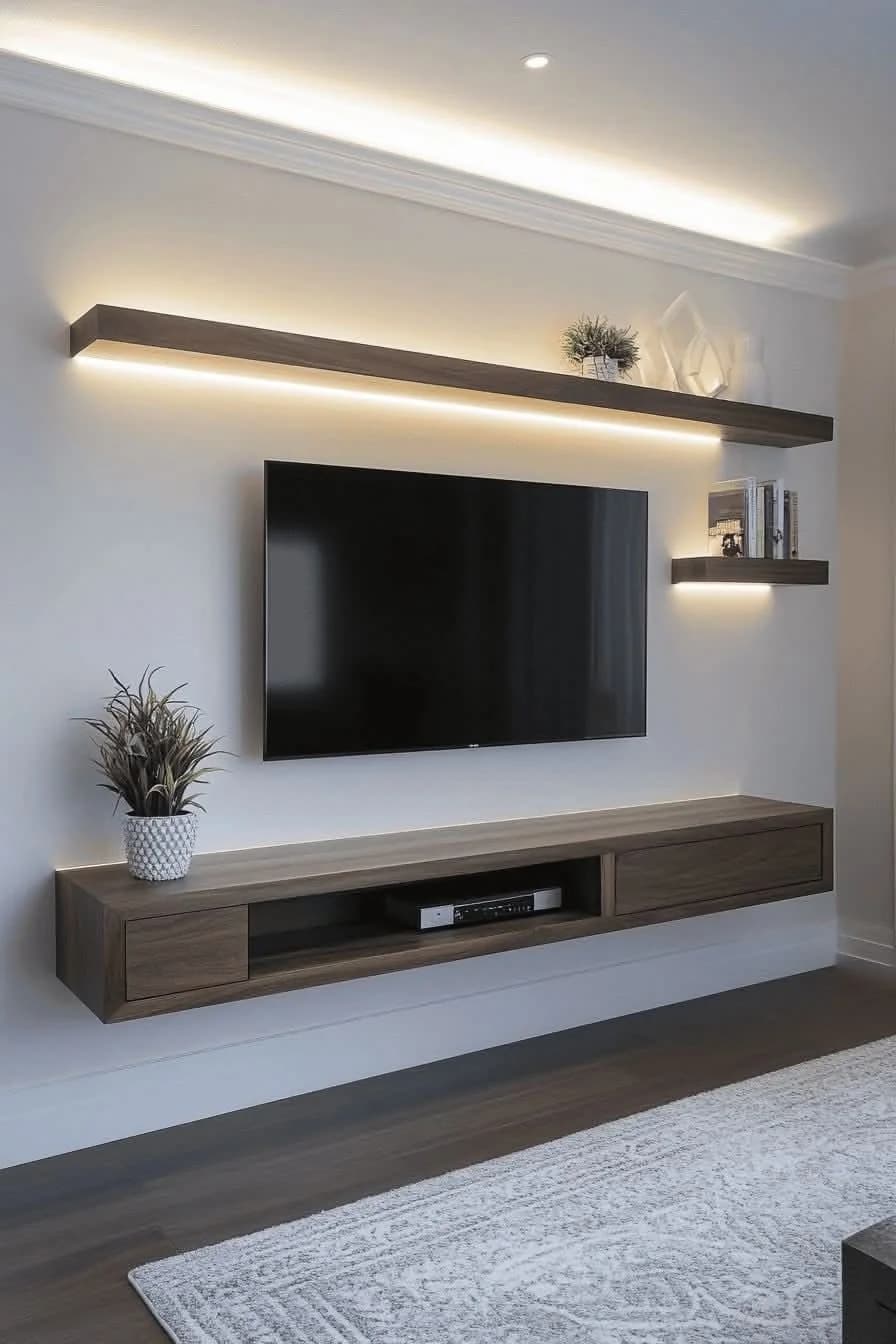 Grey wall with a long dark wood floating shelf lit from below above a wall-mounted TV, a short shelf to one side, and a floating media unit with an open compartment below
