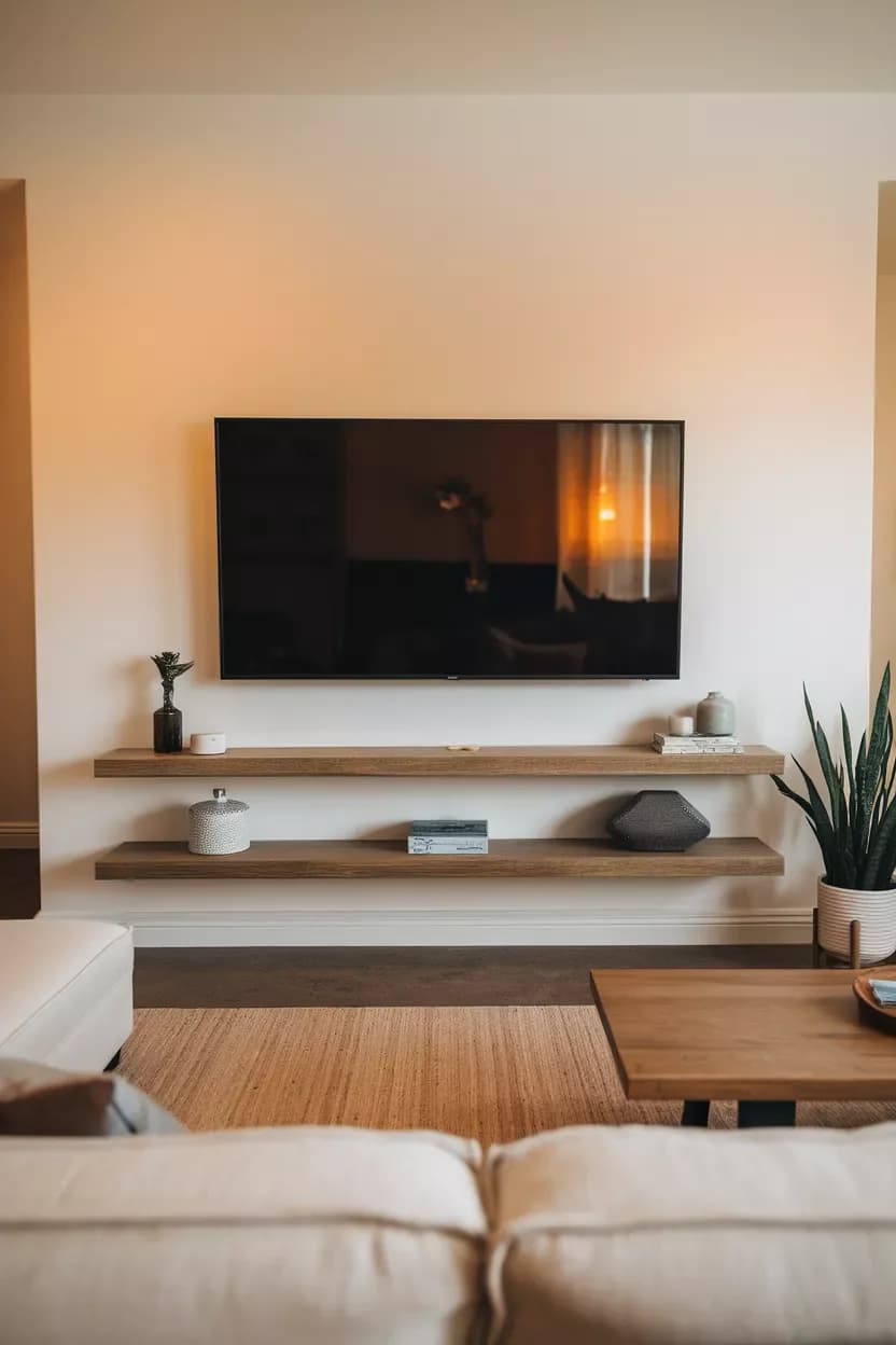 Living room with a wall-mounted TV above two slim wooden floating shelves holding a few small objects, with a cream sofa and a wooden coffee table in front