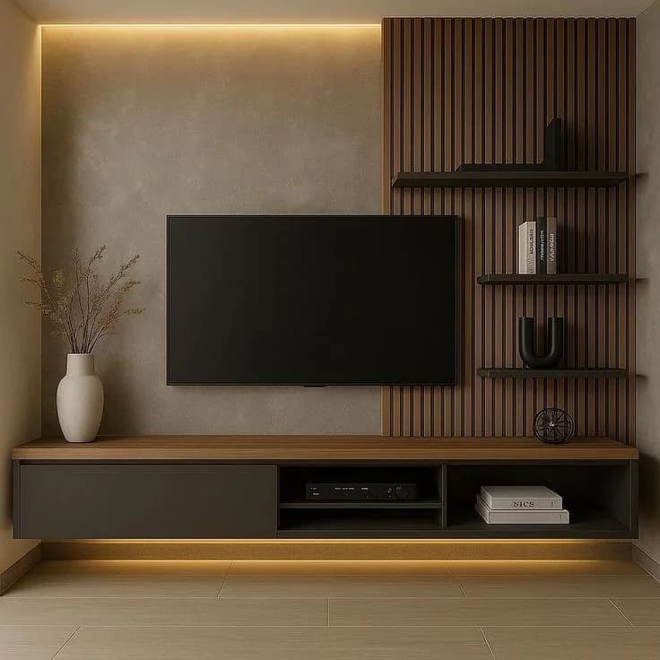 TV wall with a textured plaster finish on one side and vertical wooden slats on the other, with dark floating shelves across the slats beside the TV, a vase of branches and a long low cabinet with LED light under it