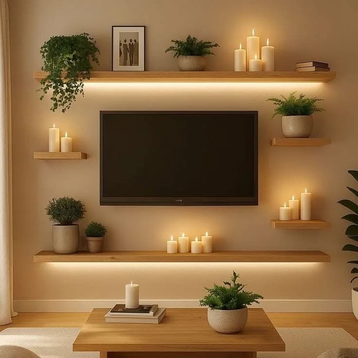 Warm wall with a long lit shelf above and below a TV and short staggered shelves on each side holding white pillar candles and potted plants, with a wooden coffee table in front