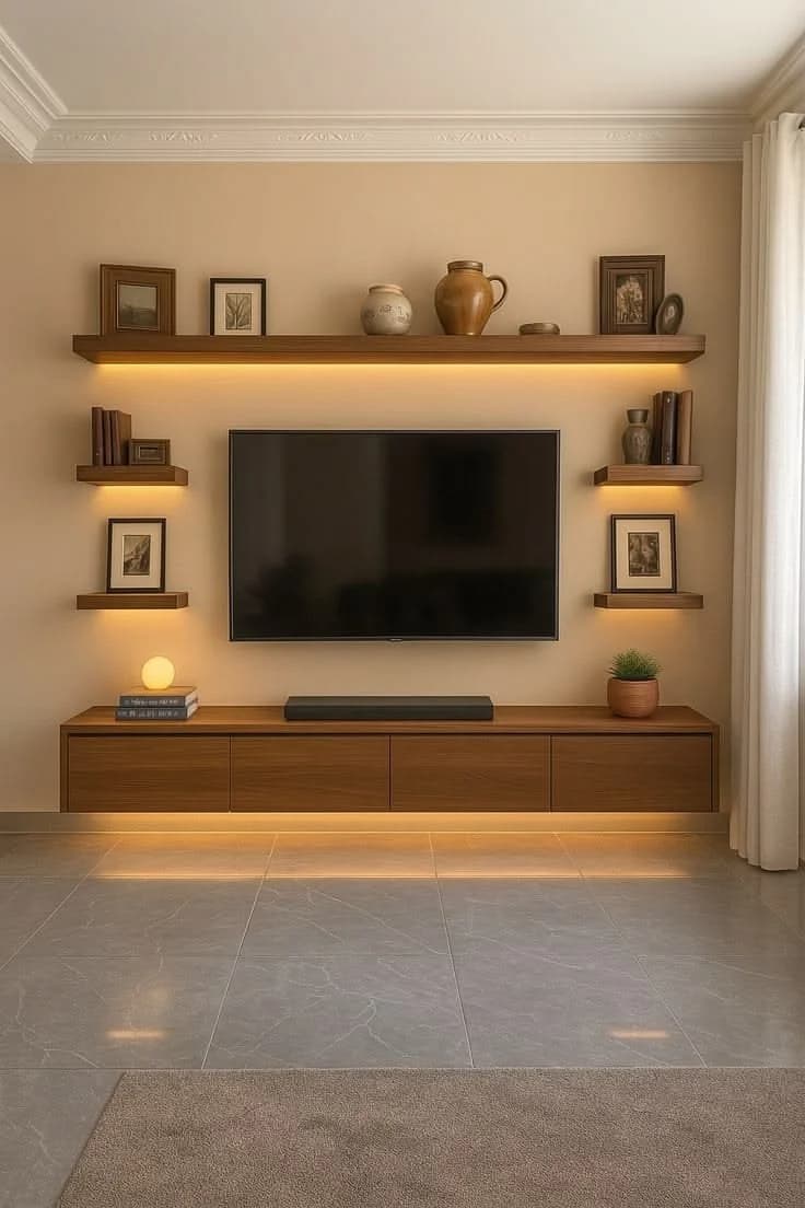 Warm beige TV wall with one long wooden shelf above the TV and two short shelves on each side, all lit from below with LED strips, holding frames and ceramics, over a floating wooden cabinet