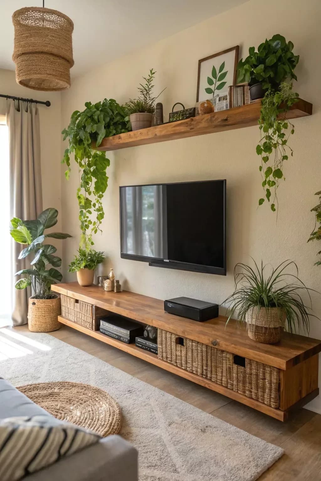 TV wall with a rustic wooden shelf above the TV holding pothos trailing down both sides, a framed print and small plants, with a long wood and rattan media unit below