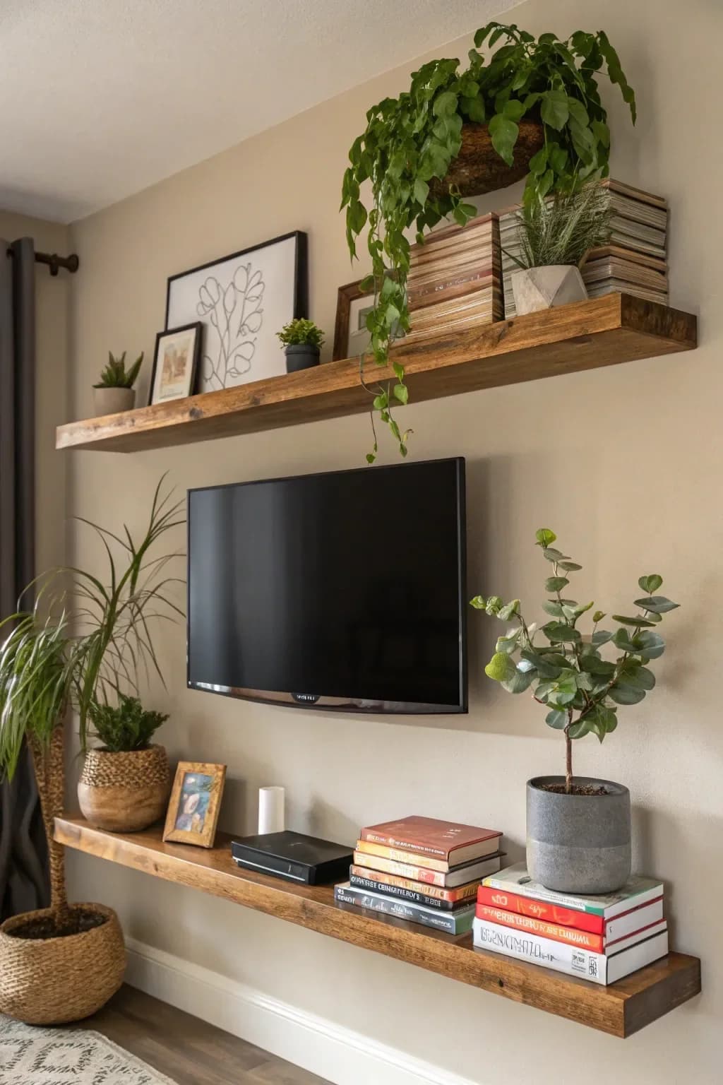 Two thick rustic wooden floating shelves, one above a wall-mounted TV with trailing plants and frames and one below with books, a speaker and potted plants