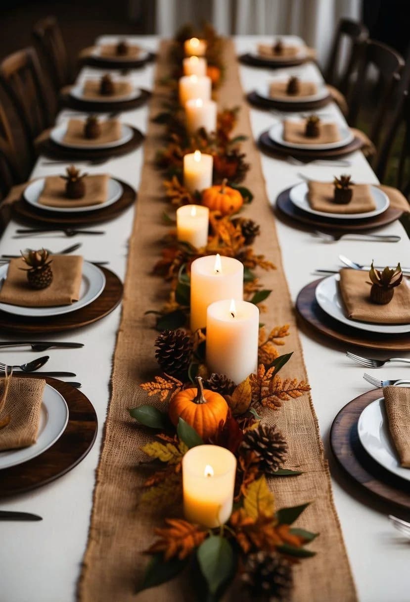 Long table with a burlap runner, cream pillar candles, small pumpkins, pine cones and fall leaves between place settings